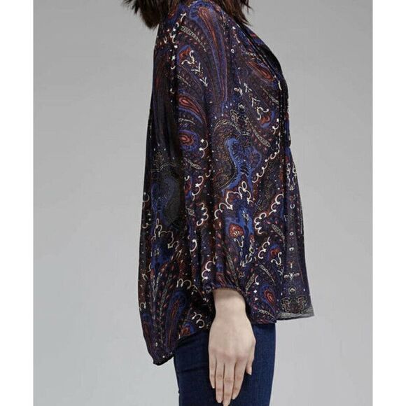 Joie Vendrea 100% Silk Blue Paisley Pleated Tie V Neck Peasant Blouse Boho Small - Picture 4 of 12